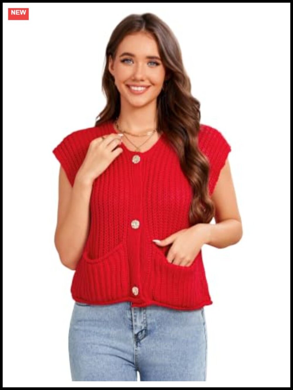 Womens Crochet Sweater Vest Sleeveless Button Cardigan Crop Tank Top